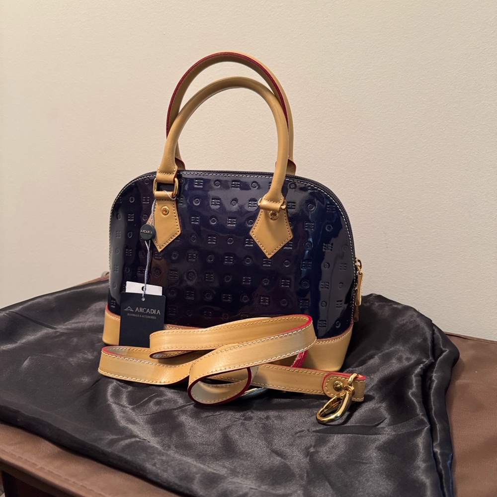 Arcadia Navy and Tan Leather Satchel Bag